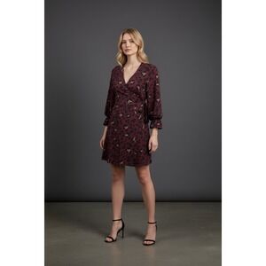 LOFT Petite Wrap Dress Leopard Print Burgundy Long Sleeve Tie Waist 4P